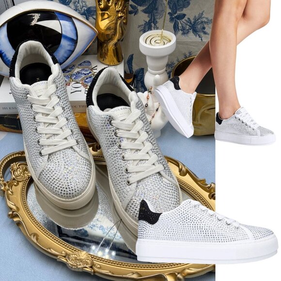 🆕 KURT GEIGER LONDON 🧿 NWOT Laney Silver Crystal Low Top Sneaker, Sz 39 US 8.5